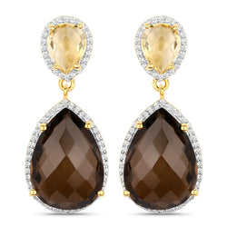 21.12 Carat Genuine Smoky Quartz, Citrine and White Topaz .925 Sterling Silver Earrings