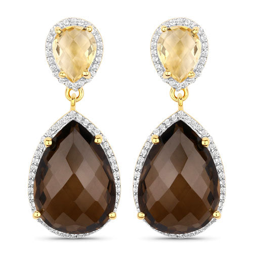 21.12 Carat Genuine Smoky Quartz, Citrine and White Topaz .925 Sterling Silver Earrings