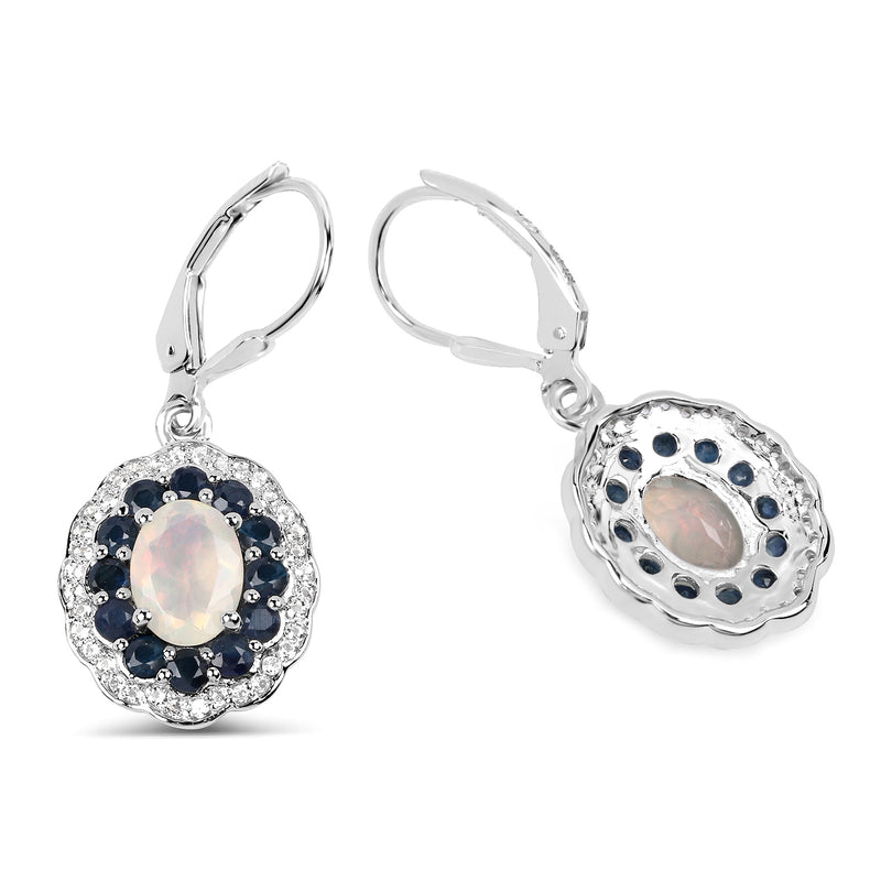 2.80 Carat Genuine Ethiopian Opal, Blue Sapphire and White Topaz .925 Sterling Silver Earrings