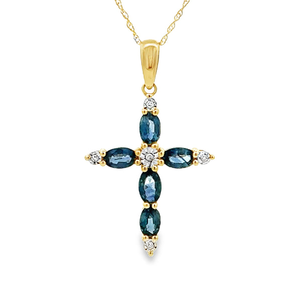 Sapphire Cross Religious Pendant 10KT Yellow Gold