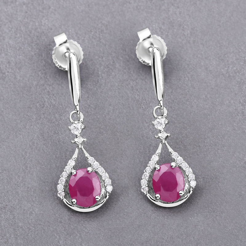 0.70 Carat Genuine Ruby and White Diamond 14K White Gold Earrings