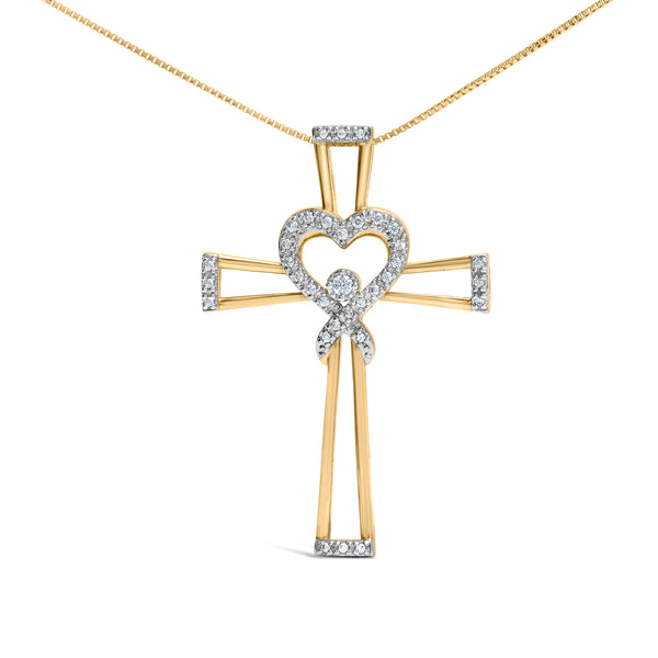 14K Yellow Gold Plated .925 Sterling Silver 1/6 Cttw Diamond Interlocking Heart and Ribbon Cross Pendant Necklace (H-I Color, I2-I3 Clarity) - 18" Inches