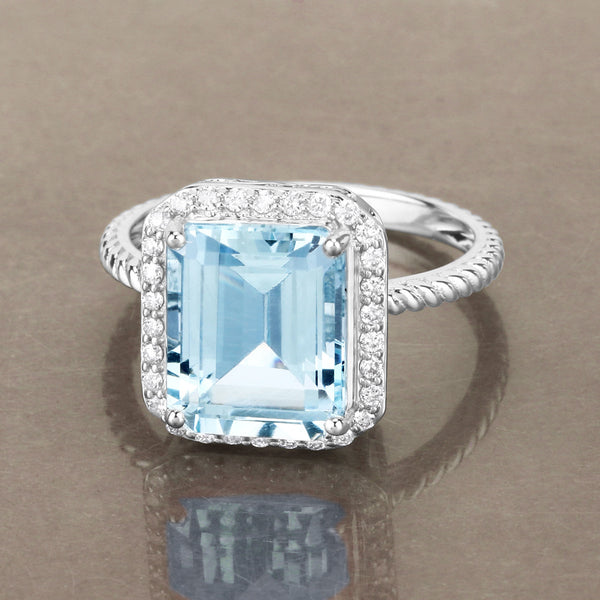 4.13 Carat Genuine Aquamarine and White Diamond 14K White Gold Ring