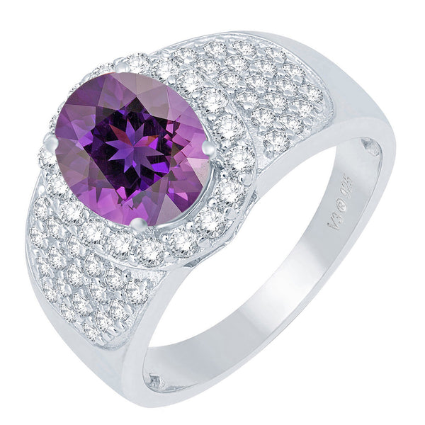V3 Jewelry Natural Amethyst & White Topaz Sterling Silver Halo Ring