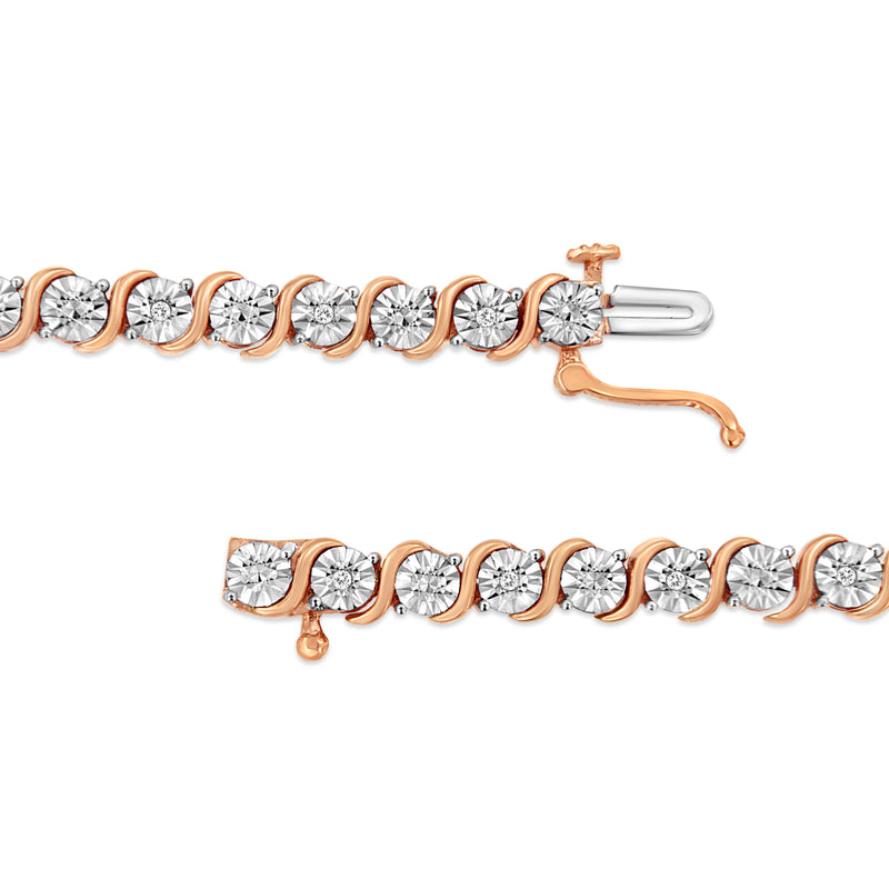 14K Rose Gold Plated .925 Sterling Silver 1/10 Cttw Diamond Round Miracle Plate and "S" Link Tennis Bracelet (I-J Color, I2- I3 Clarity) - 7"