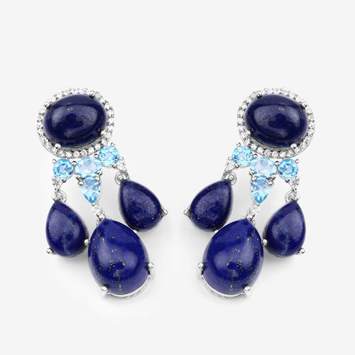 "23.63 Carat Genuine Lapis, Swiss Blue Topaz and White Topaz .925 Sterling Silver Earrings