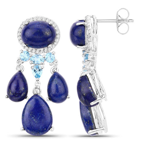 "23.63 Carat Genuine Lapis, Swiss Blue Topaz and White Topaz .925 Sterling Silver Earrings