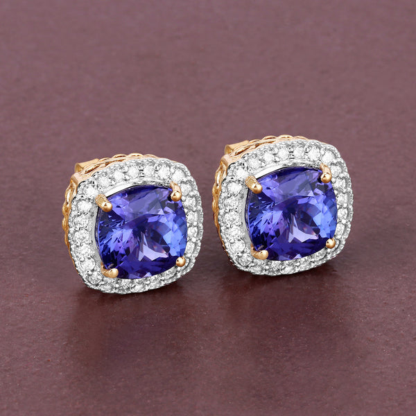 5.98 Carat Genuine Tanzanite and White Diamond 14K Yellow Gold Earrings