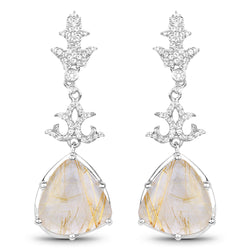 15.97 Carat Genuine Golden Rutile And White Topaz .925 Sterling Silver Earrings