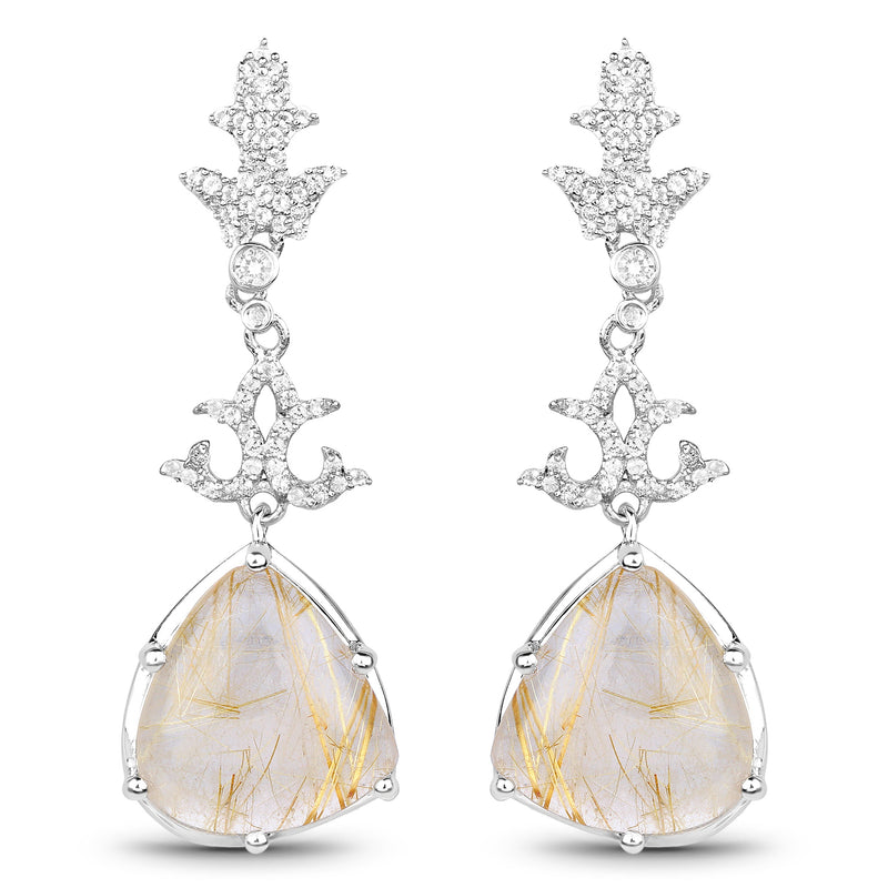 15.97 Carat Genuine Golden Rutile And White Topaz .925 Sterling Silver Earrings