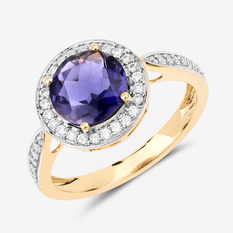 1.79 Carat Genuine Iolite and White Diamond 14K Yellow Gold Ring