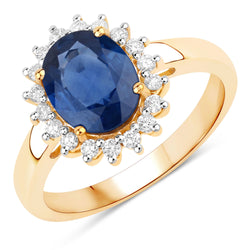 2.51 Carat Genuine Blue Sapphire and White Diamond 14K Yellow Gold Ring