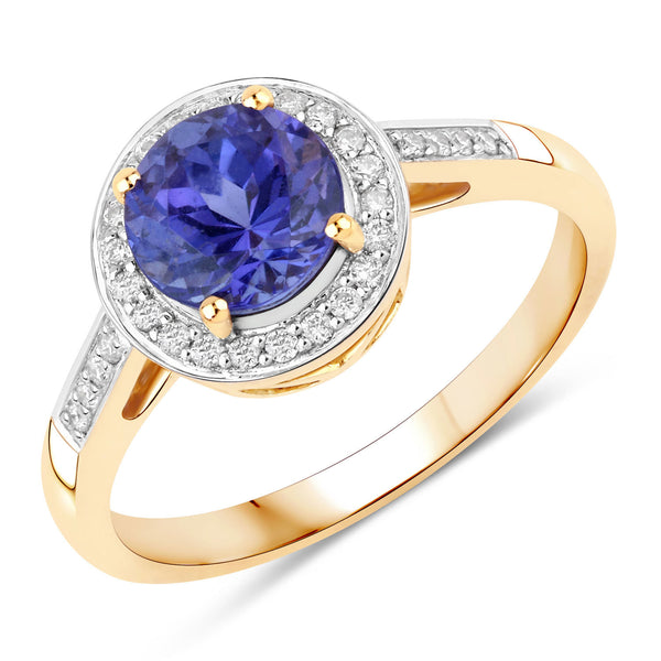 1.60 Carat Genuine Tanzanite and White Diamond 14K Yellow Gold Ring