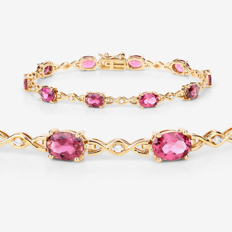 7.90 Carat Genuine Pink Tourmaline and White Diamond 14K Yellow Gold Bracelet