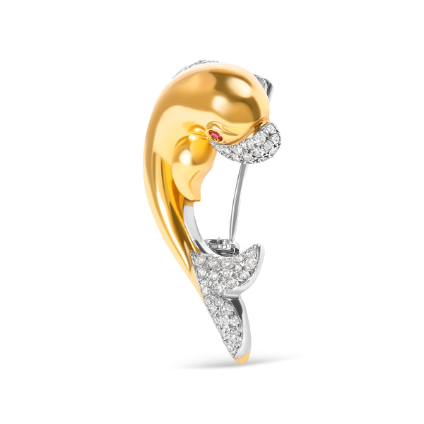 18K Yellow Gold 2/5 Cttw Diamond and Ruby Dolphin Brooch Pin (H-I Color, VS1-VS2 Clarity)