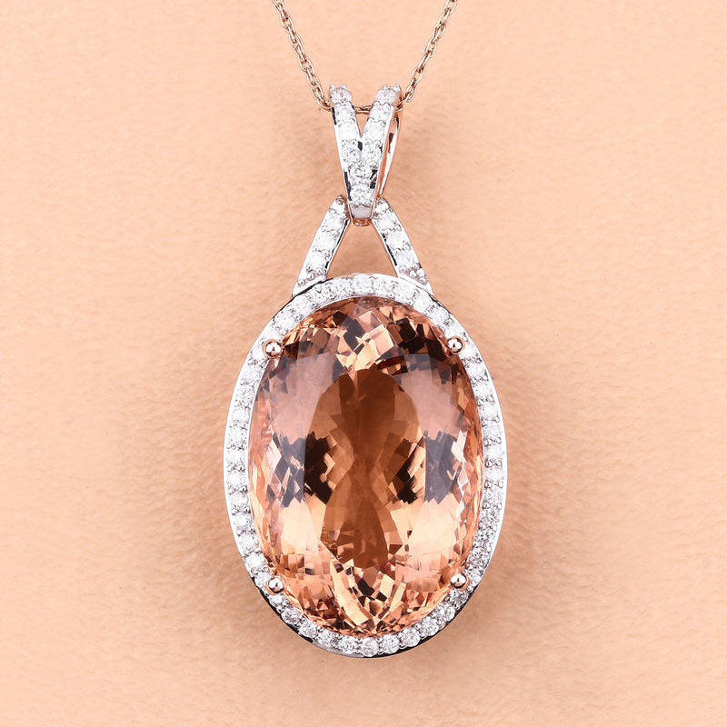 25.57 Carat Genuine Morganite and White Diamond 14K Rose Gold Pendant