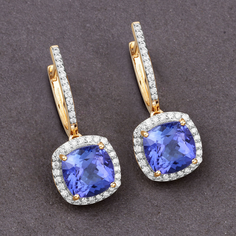 6.03 Carat Genuine Tanzanite and White Diamond 14K Yellow Gold Earrings