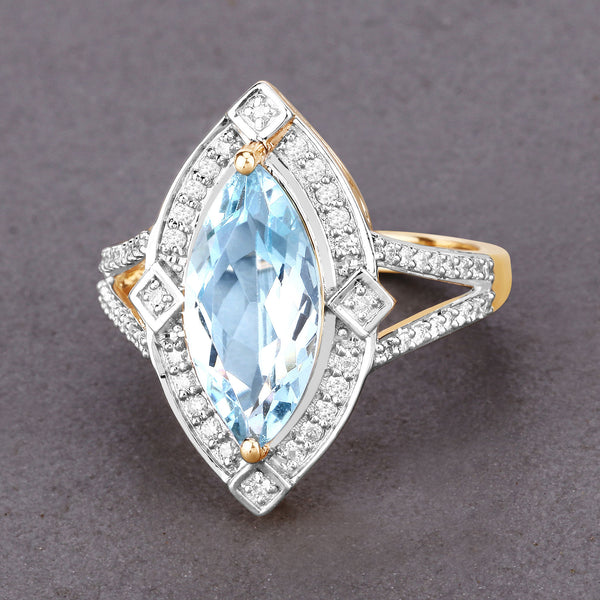 2.44 Carat Genuine Aquamarine and White Diamond 14K Yellow Gold Ring