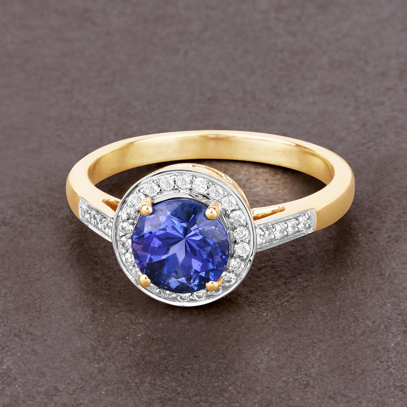 1.60 Carat Genuine Tanzanite and White Diamond 14K Yellow Gold Ring