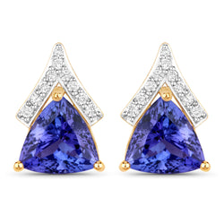 4.46 Carat Genuine Tanzanite and White Diamond 14K Yellow Gold Earrings