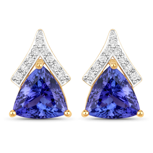 4.46 Carat Genuine Tanzanite and White Diamond 14K Yellow Gold Earrings