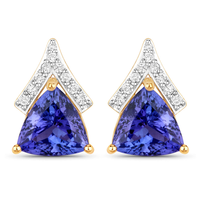 4.46 Carat Genuine Tanzanite and White Diamond 14K Yellow Gold Earrings