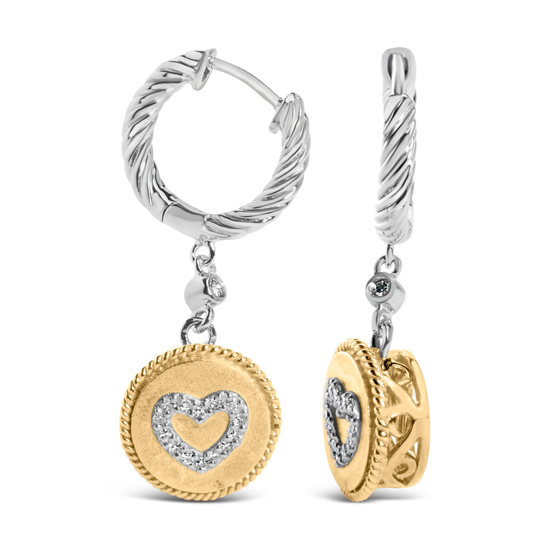 18K Yellow Gold Plated .925 Sterling Silver 1/8 Cttw Diamond Heart Medallion Drop and Dangle Earring (I-J Color, SI1-SI2 Clarity)