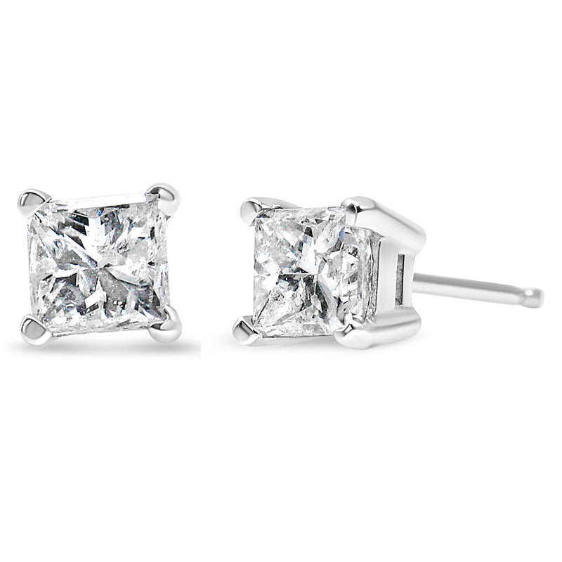 AGS Certified 14k Yellow Gold 1/2 cttw 4-Prong Set Princess-Cut Solitaire Diamond Push Back Stud Earrings (J-K Color, I1-I2 Clarity)