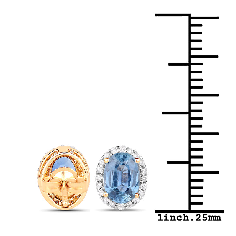 2.16 Carat Genuine Blue Sapphire and White Diamond 14K Yellow Gold Earrings
