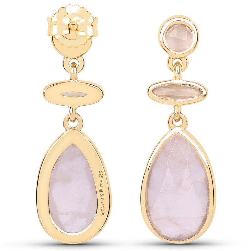 18K Yellow Gold Plated 7.10 Carat Genuine Rose Quartz .925 Sterling Silver Earrings