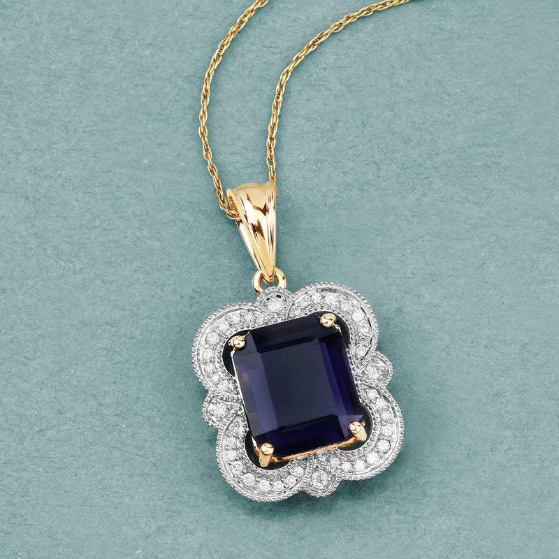 4.07 Carat Genuine Iolite and White Diamond 14K Yellow Gold Pendant