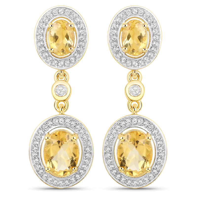 18K Yellow Gold Plated 5.70 Carat Genuine Citrine and White Topaz .925 Sterling Silver Earrings