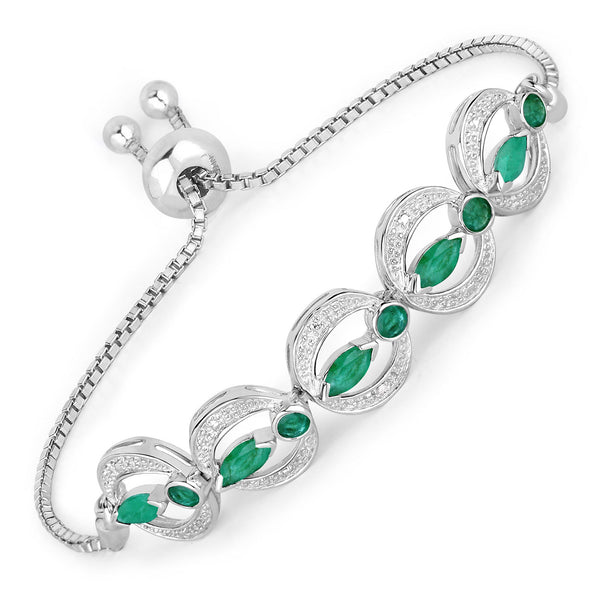 1.55 Carat Genuine Emerald and White Diamond .925 Sterling Silver Bracelet