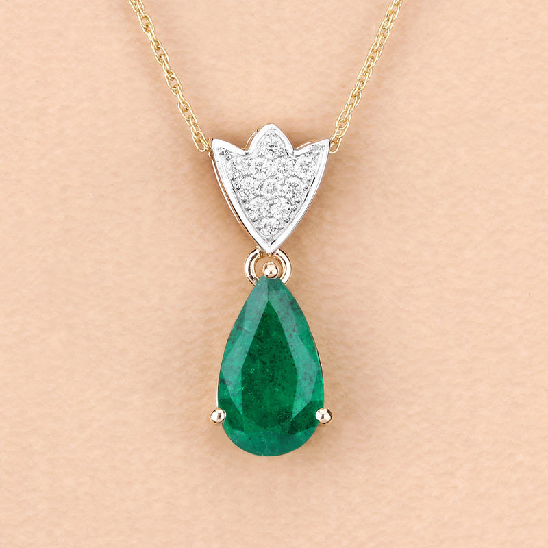 IGI Certified 1.85 Carat Genuine Zambian Emerald and White Diamond 14K Yellow Gold Pendant