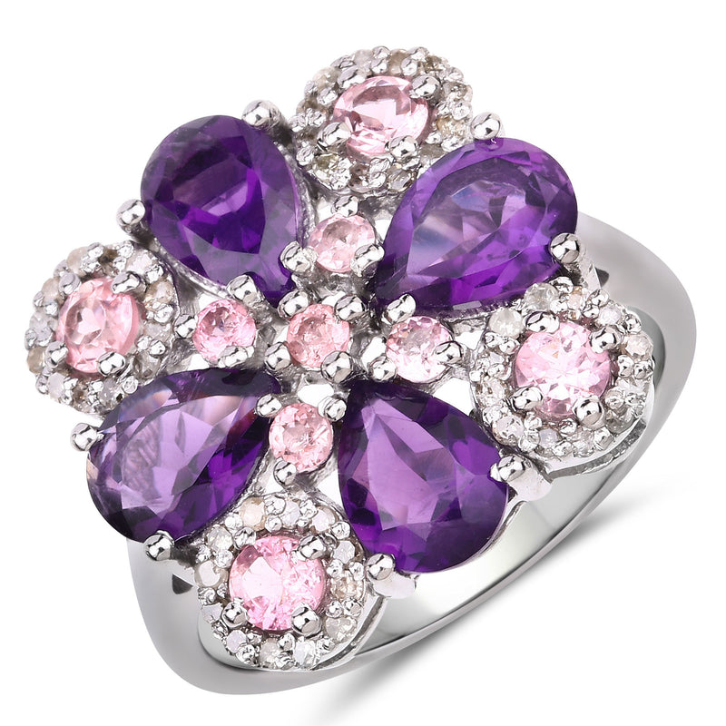 3.26 Carat Genuine Pink Tourmaline, Amethyst and White Diamond .925 Sterling Silver Ring