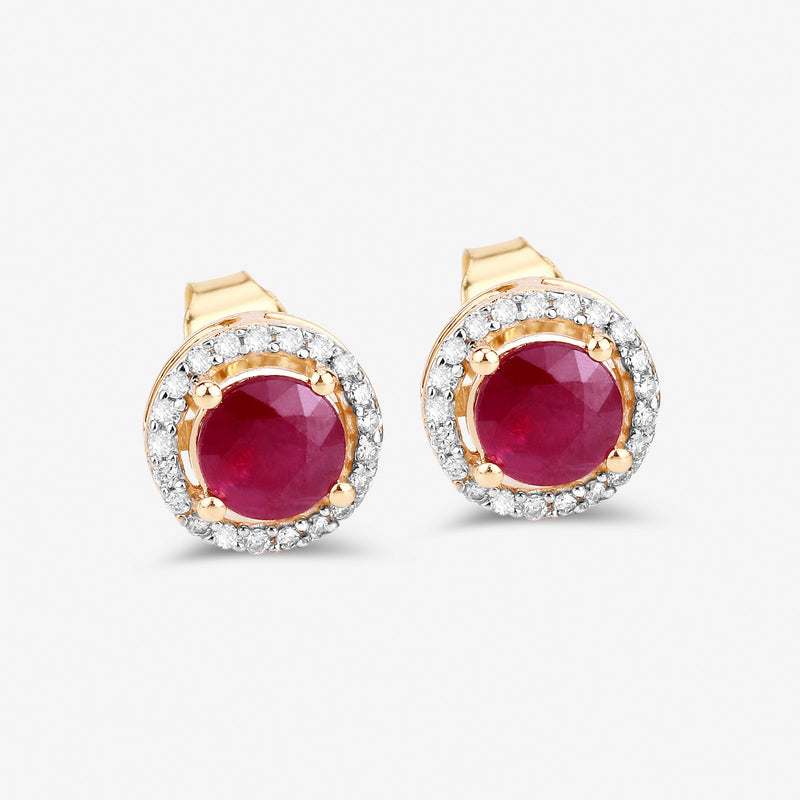 1.50 Carat Genuine Ruby and White Diamond 14K Yellow Gold Earrings