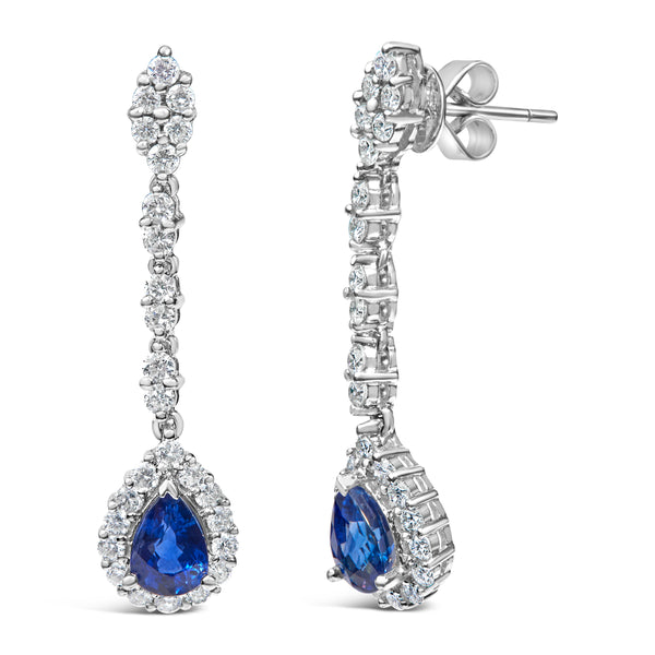 18K White Gold 1 3/5 Cttw Diamond and 7X5 MM Pear Shaped Blue Sapphire 1 1/3 Inch Drop and Dangle Halo Earrings (G-H Color, VS1-VS2 Clarity)