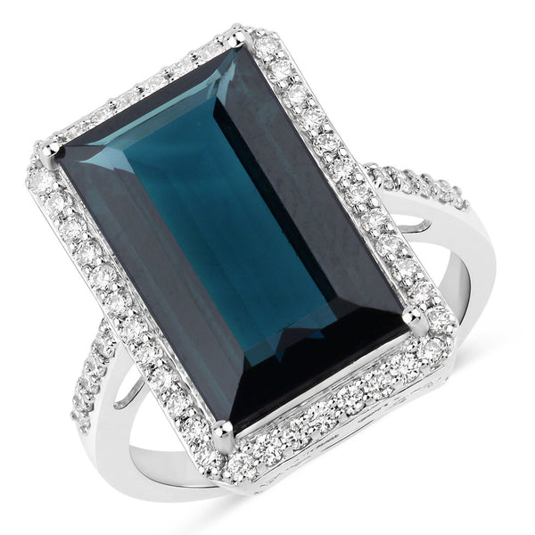 7.98 Carat Genuine Blue Tourmaline and White Diamond 14K White Gold Ring