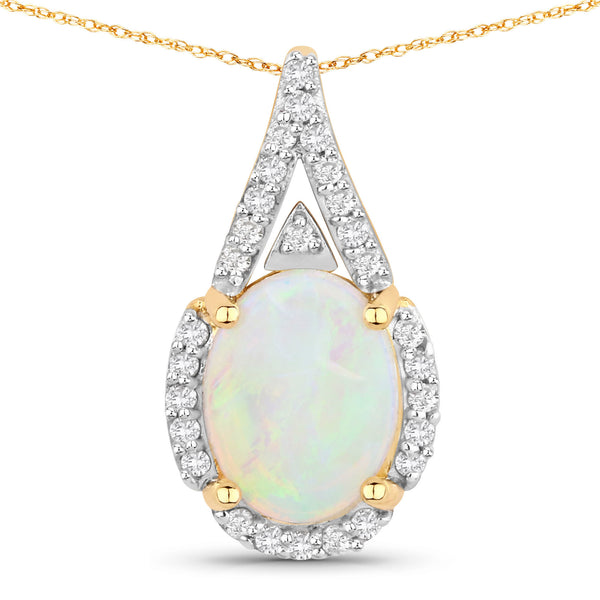 0.70 Carat Genuine White Opal and White Diamond 14K Yellow Gold Pendant