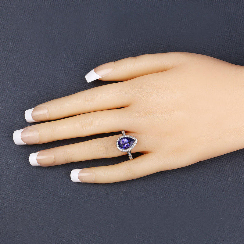 3.04 Carat Genuine Tanzanite and White Diamond 14K White Gold Ring