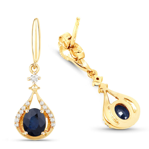 0.86 Carat Genuine Blue Sapphire and White Diamond 14K Yellow Gold Earrings