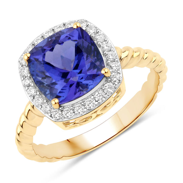 3.20 Carat Genuine Tanzanite and White Diamond 14K Yellow Gold Ring