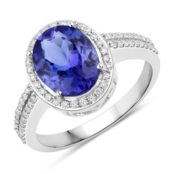 3.04 Carat Genuine Tanzanite and White Diamond 14K White Gold Ring