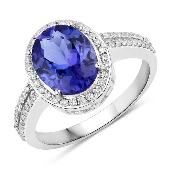 3.04 Carat Genuine Tanzanite and White Diamond 14K White Gold Ring