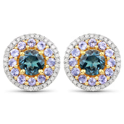 3.19 Carat Genuine London Blue Topaz, Tanzanite and White Diamond .925 Sterling Silver Earrings