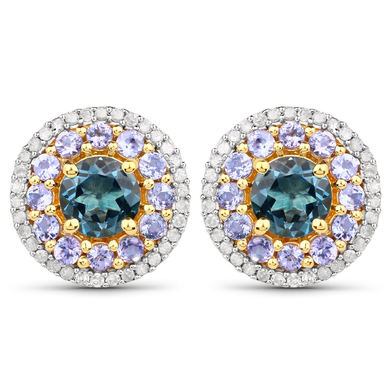 3.19 Carat Genuine London Blue Topaz, Tanzanite and White Diamond .925 Sterling Silver Earrings