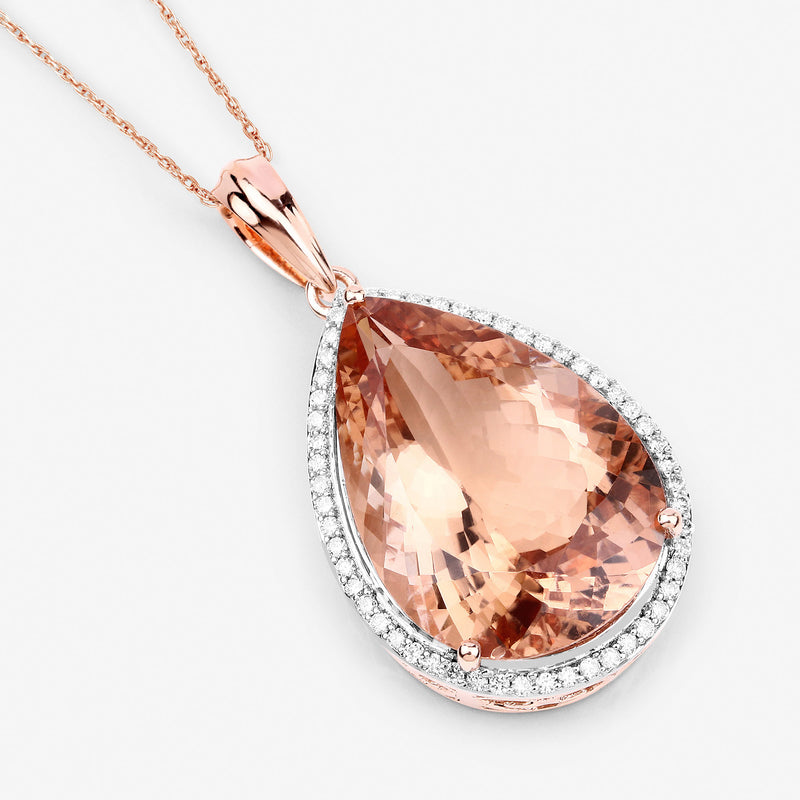 15.48 Carat Genuine Morganite and White Diamond 14K Rose Gold Pendant