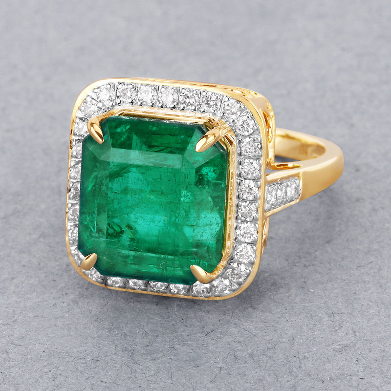 IGI Certified 10.99 Carat Genuine Zambian Emerald and White Diamond 14K Yellow Gold Ring