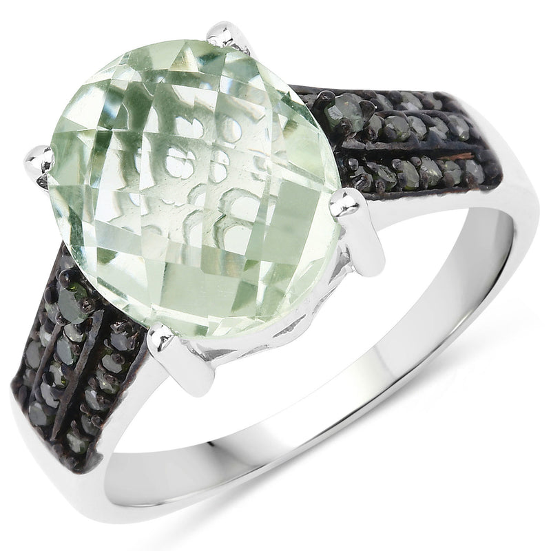 4.26 Carat Genuine Green Amethyst and Green Diamond .925 Sterling Silver Ring