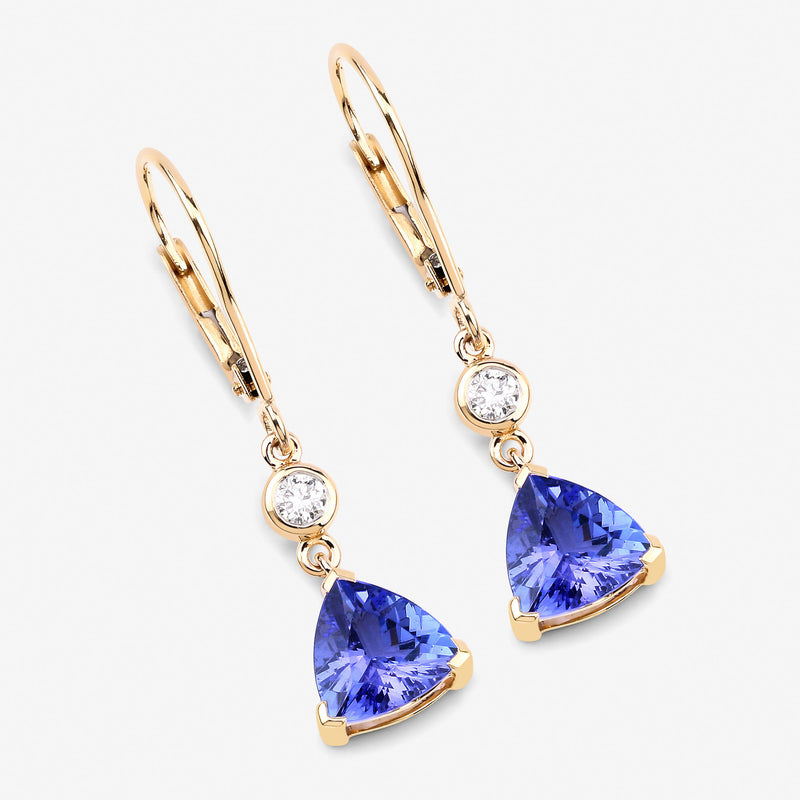 4.44 Carat Genuine Tanzanite and White Diamond 14K Yellow Gold Earrings